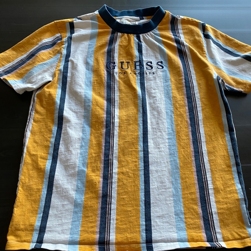 Guess Shirt Small Mens Striped T-Shirt Yellow Blue White Embroidered Logo